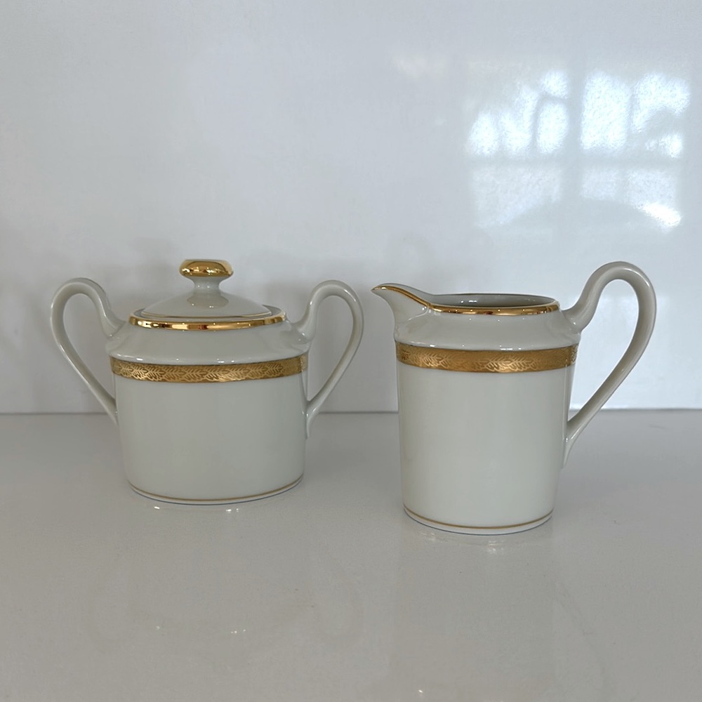 Fitz and Floyd Roanoke Gold China Creamer and Sugar Bowl with Lid